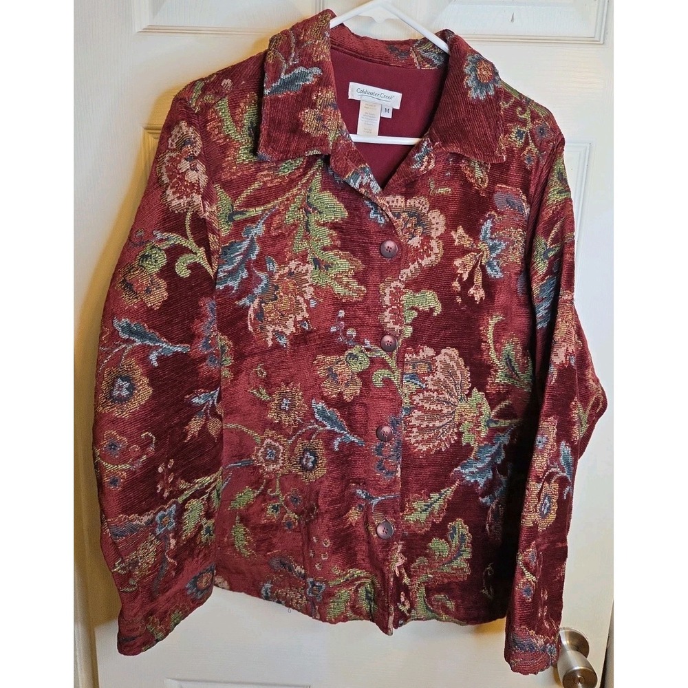 Vintage Coldwater Creek Tapestry Jacket Womens M Burgundy Floral Made USA Boho